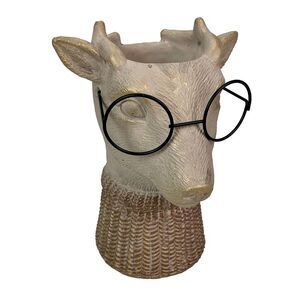 Bespectacled Deer Cement Vase 8.7" Gold Accents Knit Scarf Real Wire Glasses